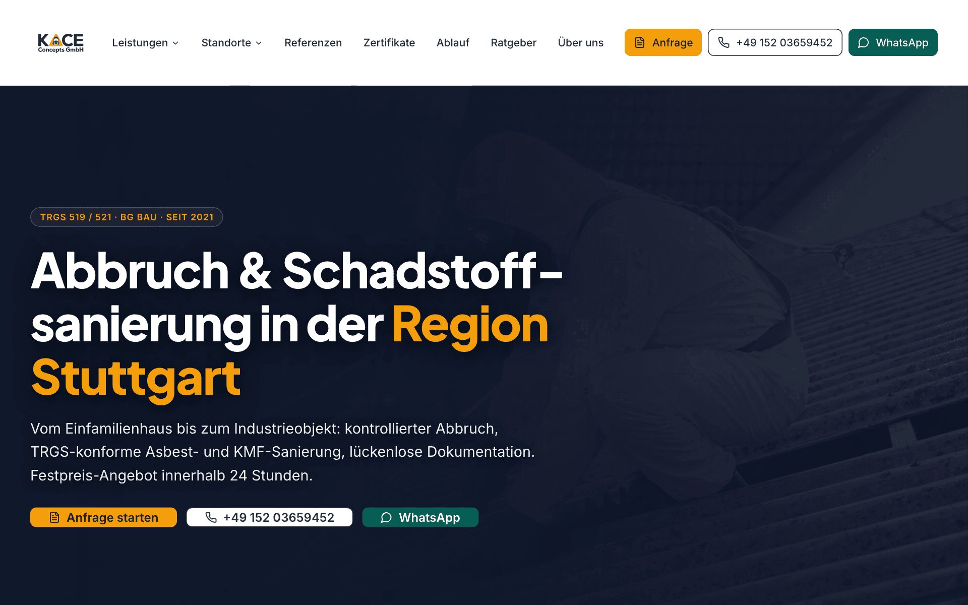 Startseite von kace-concepts.de — Abbruch und Schadstoffsanierung in der Region Stuttgart.